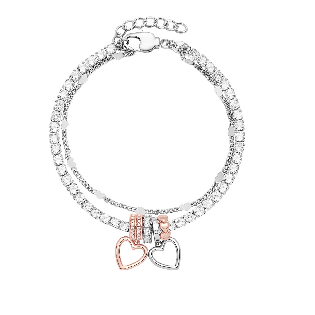 Brilliance Two Tone Cubic Zirconia Heart Charm Double-Strand Tennis Bracelet Nib
